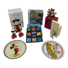 Vintage Disney Ephemora Lot With Porcelain Sculptures, Plates And Pins, And A Mickey Rotating Card