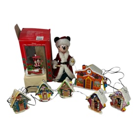 Vintage Disney Christmas Lot With Mickey Chrismas Village String Lights, Mickey Tree Topper, And