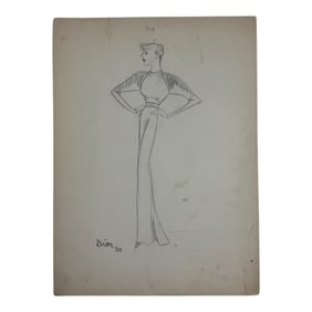 Christian Dior Fashion Design Sketch Pencil Drawing Signed & Dated