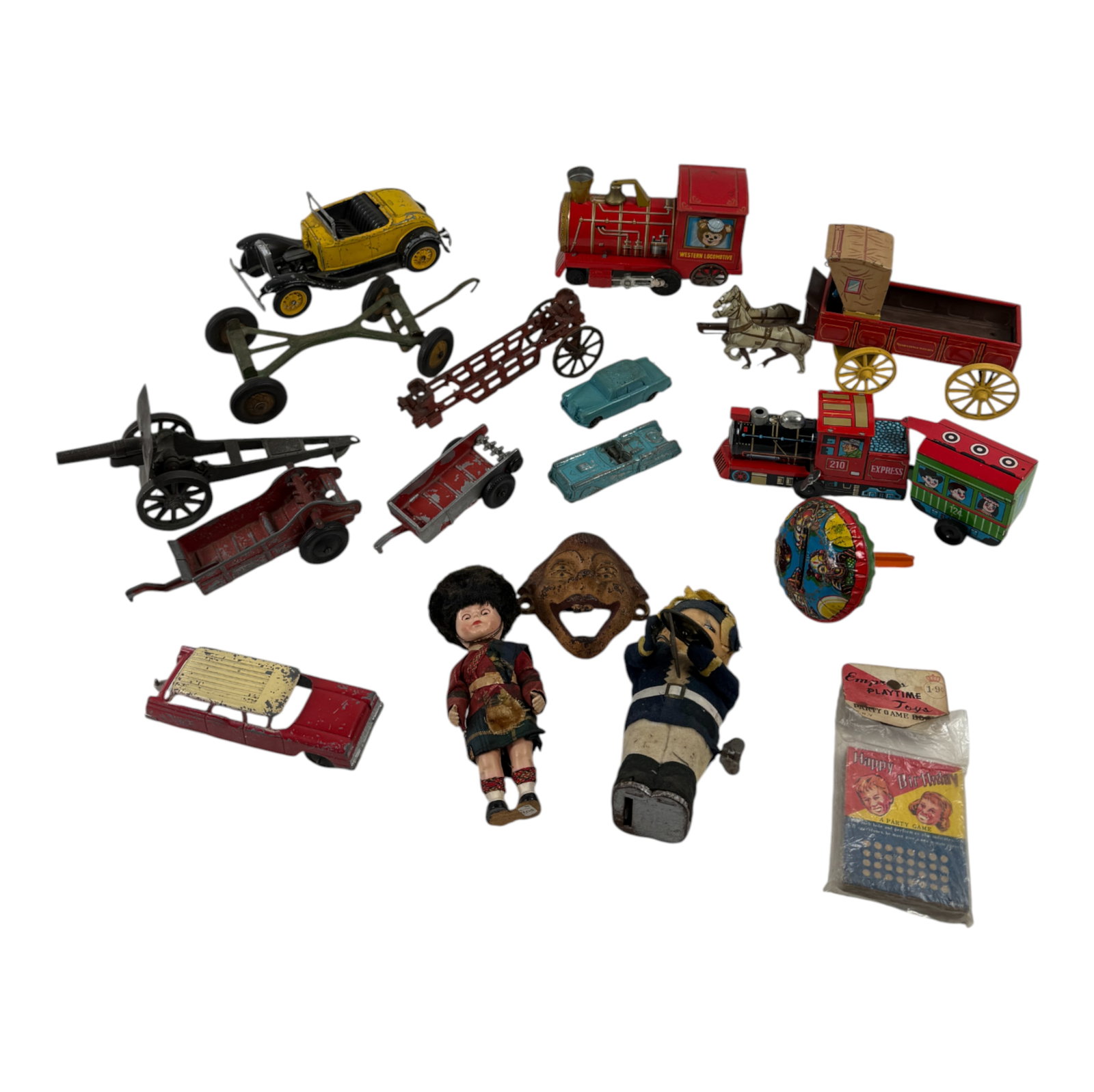Vintage Tin And Metal Toy Lot: Has Toy Trucks, Trains And Dolls