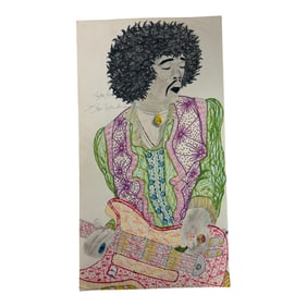 Vintage Rare Jimi Hendrix Hand-Signed Illustration Art Drawing