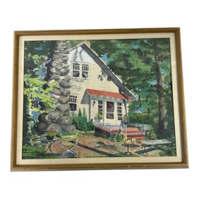 Vintage Signed Painting Of A House In The Woods