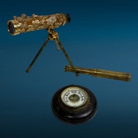 Antique Telescope Lot Of 2 WIth A Vintage West German Wood And Brass Barometer