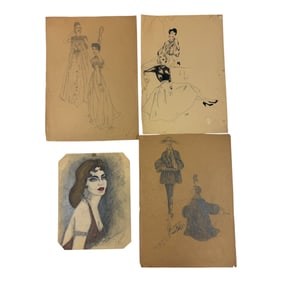 Vintage 1980-1990s Signed Womens Fashion Art Pencil And Paint Marker Drawing Lot