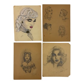 Vintage 1980-1990s Signed Womens Fashion Art Pencil And Paint Marker Drawing Lot