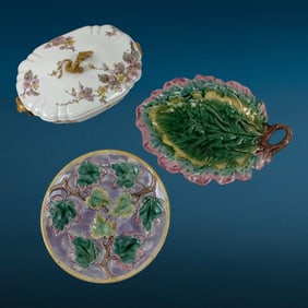 Antique Majolica Pottery And Early Haviland Limoges Covered Vegetable Bowl Purple Violet Gold Gilt