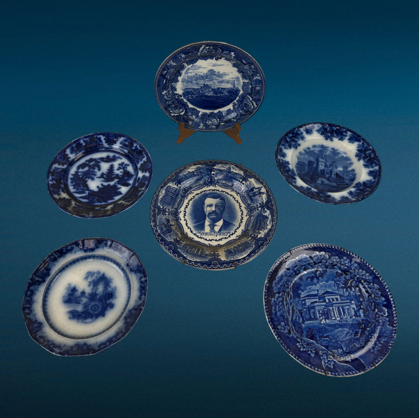 Antique Blue Porcelain Plate Lot With Teddy Roosevelt, And The Villa In The Regents Park (1 of 11)
