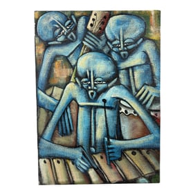 Vintage Painting On Canvas Of Blue Alien Musicians