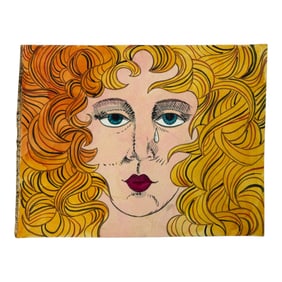 Vintage Water Color And Marker Painting Portrait Of Crying Lady