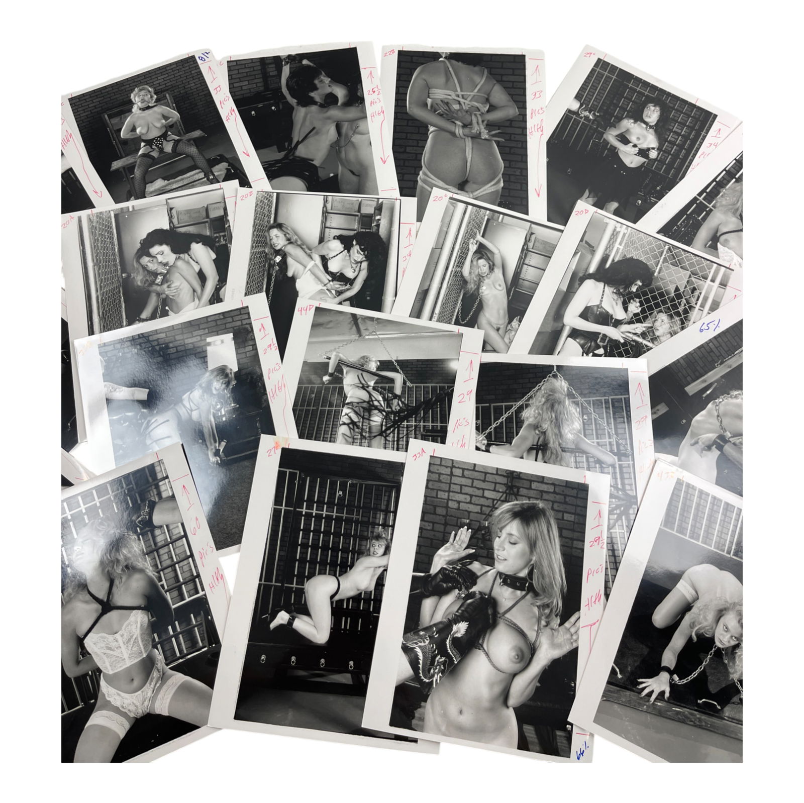 Vintage Erotic ADULT Photo Collection Of Movie & Magazine Photoshoot Photos: This rare collection features original production photographs from vintage bondage-themed erotic films and magazines. The lot includes candid and posed scenes from photo shoots, showcasing models in s