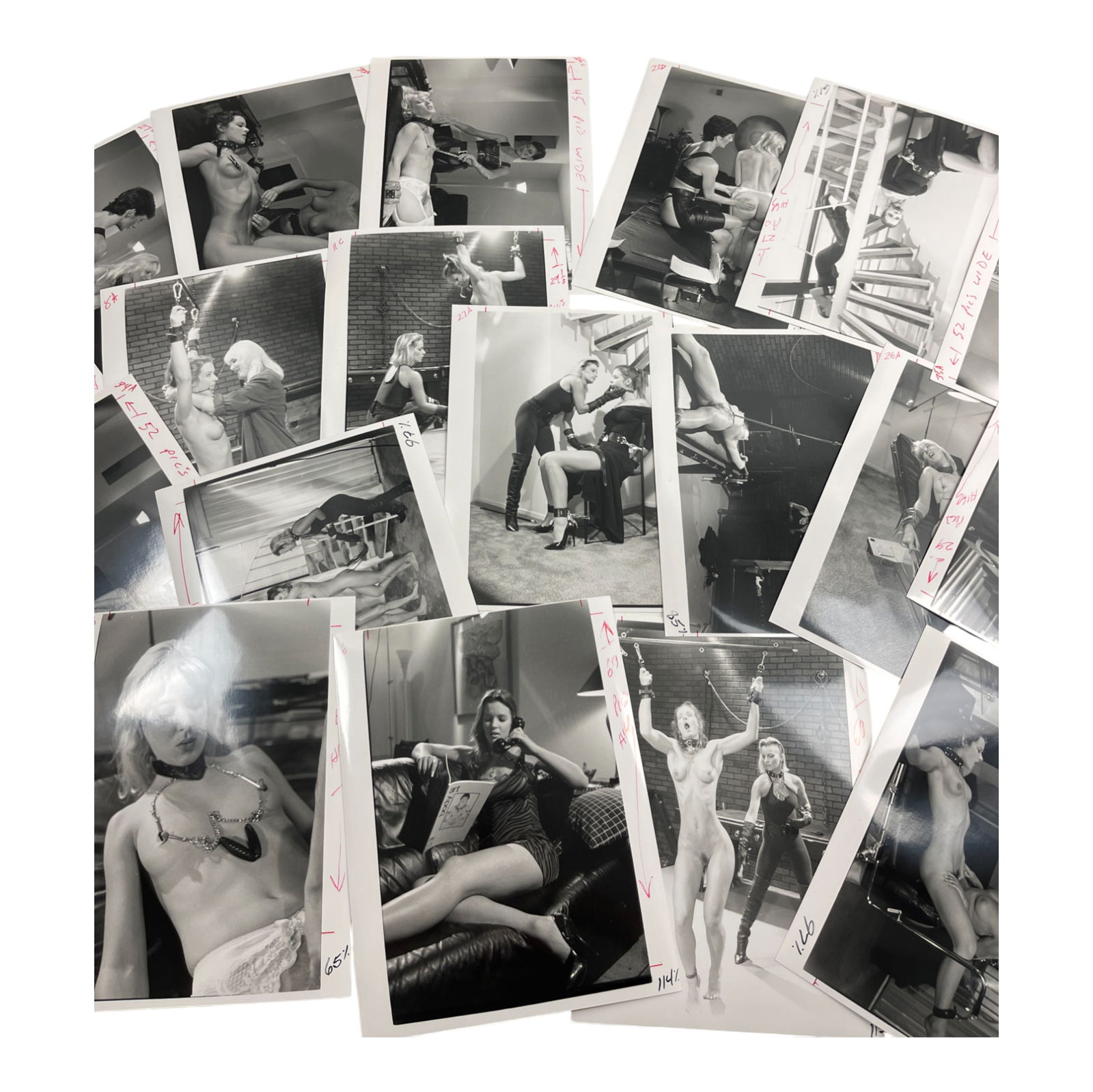 Vintage Erotic ADULT Photo Collection Of Movie & Magazine Photoshoot Photos: This rare collection features original production photographs from vintage bondage-themed erotic films and magazines. The lot includes candid and posed scenes from photo shoots, showcasing models in s