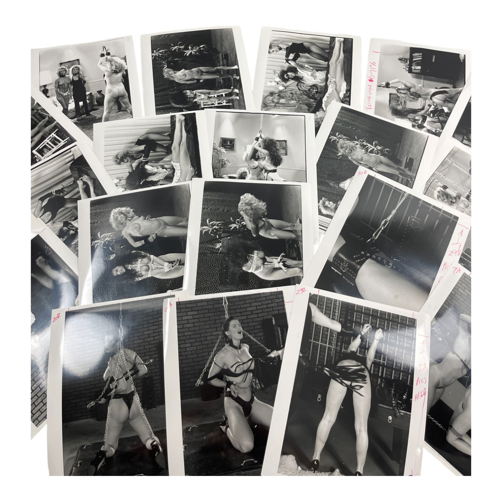 Vintage Erotic ADULT Photo Collection Of Movie & Magazine Photoshoot Photos: This rare collection features original production photographs from vintage bondage-themed erotic films and magazines. The lot includes candid and posed scenes from photo shoots, showcasing models in s