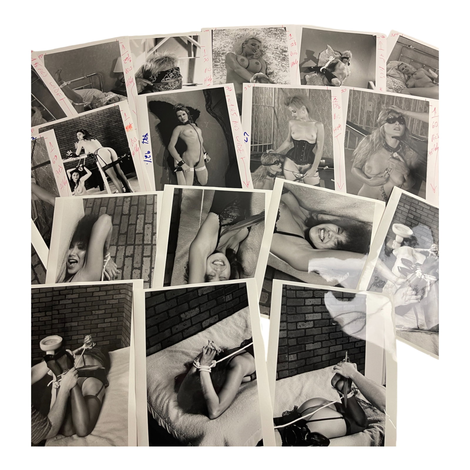 Vintage Nude Erotic ADULT Photo Collection Of Movie & Magazine Photoshoot Photos: This rare collection features original production photographs from vintage bondage-themed erotic films and magazines. The lot includes candid and posed scenes from photo shoots, showcasing models in s