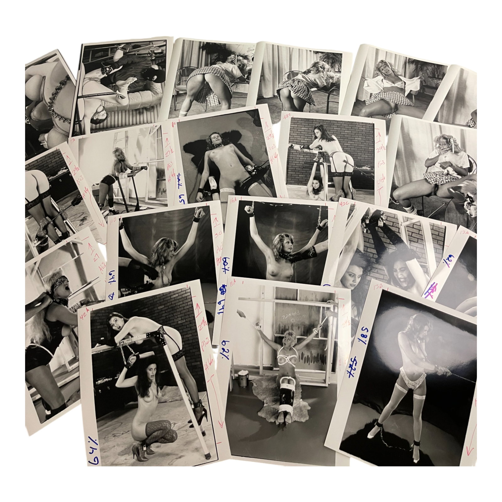 Vintage Nude Erotic ADULT Photo Collection Of Movie & Magazine Photoshoot Photos: This rare collection features original production photographs from vintage bondage-themed erotic films and magazines. The lot includes candid and posed scenes from photo shoots, showcasing models in s