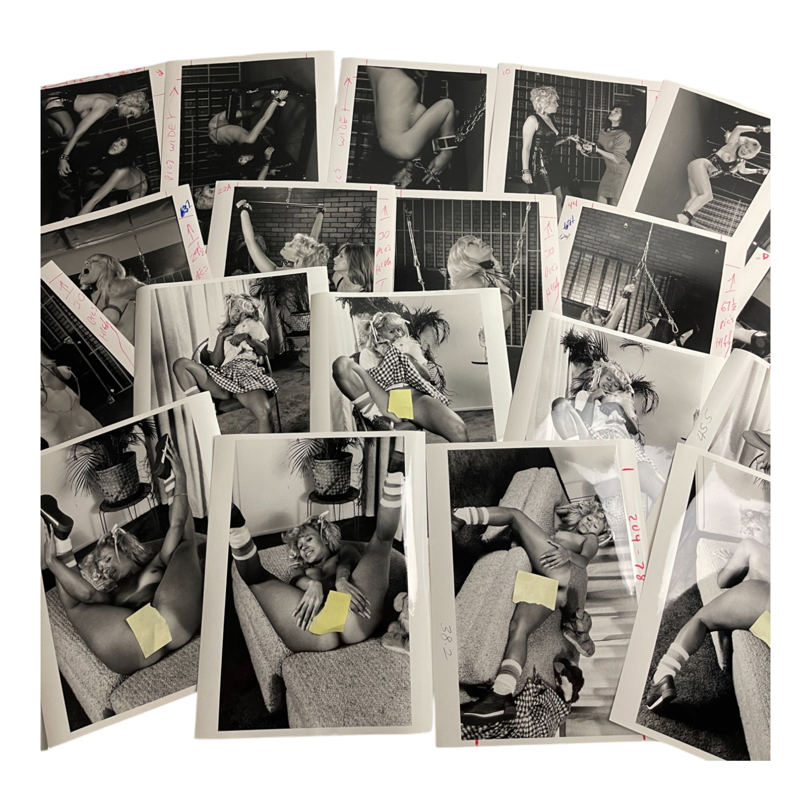 Vintage Nude Erotic ADULT Photo Collection Of Movie & Magazine Photoshoot Photos: This rare collection features original production photographs from vintage bondage-themed erotic films and magazines. The lot includes candid and posed scenes from photo shoots, showcasing models in s