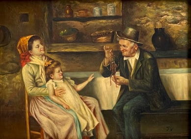 Antique Oil on Panel - Initialed Lower Right J.V.