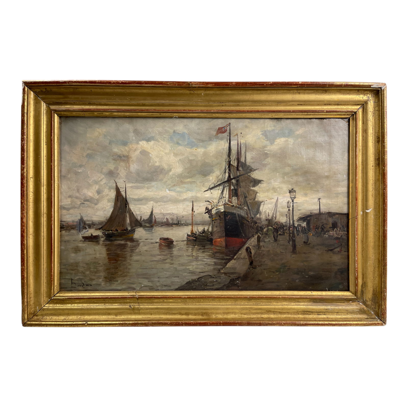 Attrib. Eugene Boudin (1824-1898) Oil on Canvas Signed Lower Left: Attrib. Eugene Boudin (1824-1898) Oil on Canvas Signed Lower Left, Framed Size: 30" x 22" Painting size: 25.5"x16" - There is a small tear on left side of the painting please view photos.