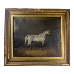 Antique Oil On Canvas Painting Of A White Horse "Miss Murray"
