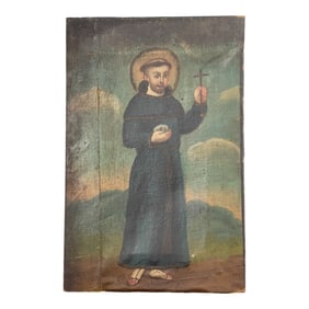 Antique Oil on Canvas Christian Religious Painting of Monk