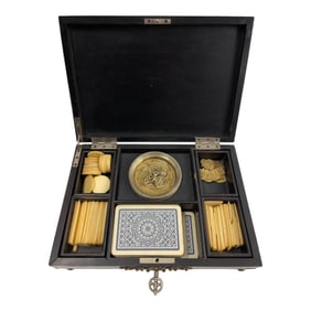 Antique Art Nouveau Style Wood Gambling Set Box