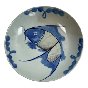 Antique Chinese Qing Underglaze Blue and White Fish Plate