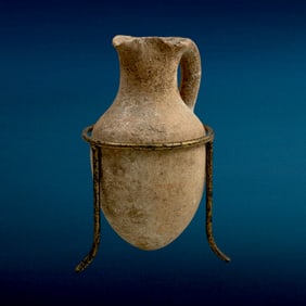 Middle Bronze Age or Roman Ancient Pottery Jug with Metal Stand
