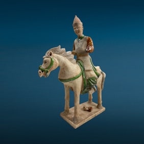 Chinese Ming Dynasty Ceramic Hand Glazed Equestrian Horse and Rider Figure
