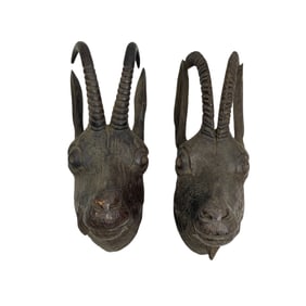 Antique Austrian Wood Hand Carved Rams Pair