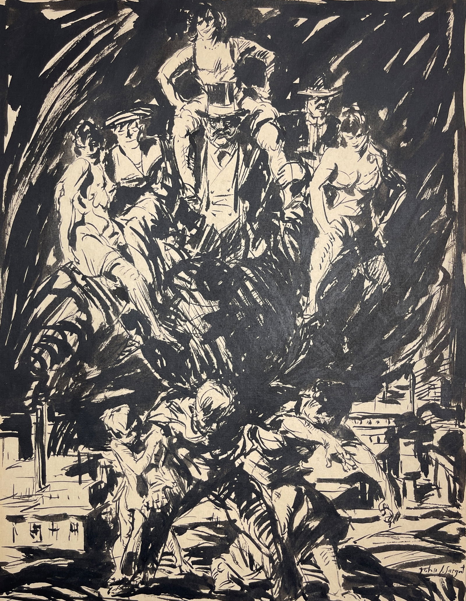 John Singer Sargent (1856-1925) Western Ink Drawing on Laid Paper, Signed Lower Right: John Singer Sargent (1856-1925) Western Ink Drawing on Laid Paper, Signed Lower Right. Size: 11 1/4" x 14 3/8". Provenance Private Collector