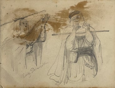 Eugene Delacroix (1798-1863) Small Signed Pencil Drawing, Mounted to Board