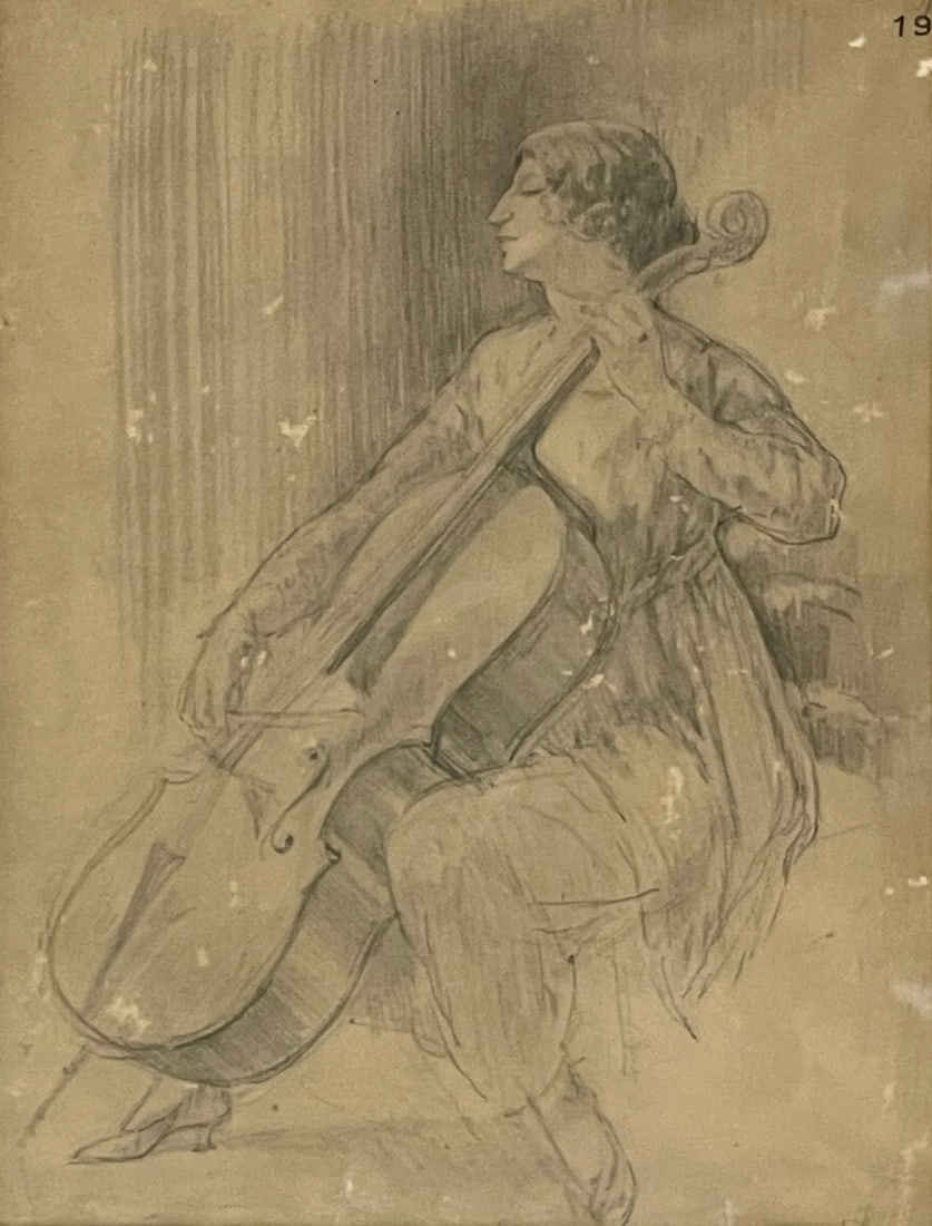 SIR WILLIAM ORPEN, R.A., R.H.A. (1878-1931) Sketch Of Woman Playing the Cello On Paper: SIR WILLIAM ORPEN, R.A., R.H.A. (1878-1931) Sketch Of Woman Playing the Cello - previously at Rex Evans gallery Purchased by Mr. Wright Ludington in 1960, later displayed at Santa Barbara Museum of Ar