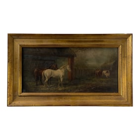 Vintage Oil on Board Horse Farm House Folk Art Painting