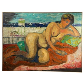 Mid-Century Oil on Canvas Reclining Nude Signed IHP