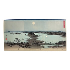 Utagawa Hiroshige (1797-1858) Edo Period Triptych Woodblock Prints - Full Moon at Kanazawa, Province