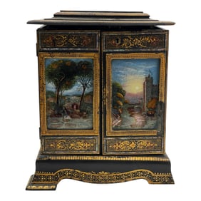 Antique c. 1870 Lacquered Wood Cabinet Sewing Box
