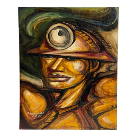 David Alfaro Siqueiros (1896-1974) Oil on Wood Panel - Portrait of Miner, Signed and Dated 1961