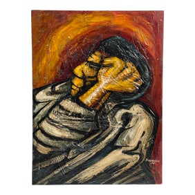 David Alfaro Siqueiros (1896-1974) Oil on Wood Panel - Portrait of Man, Signed and Dated 1958