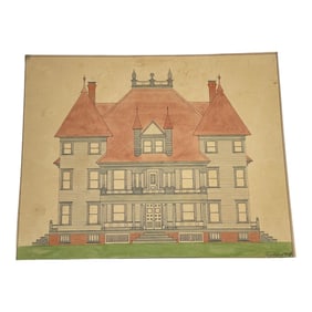 Frank Lloyd Wright (1867-1959) Signed Ink and Watercolor, Two and a Half Story Dwelling