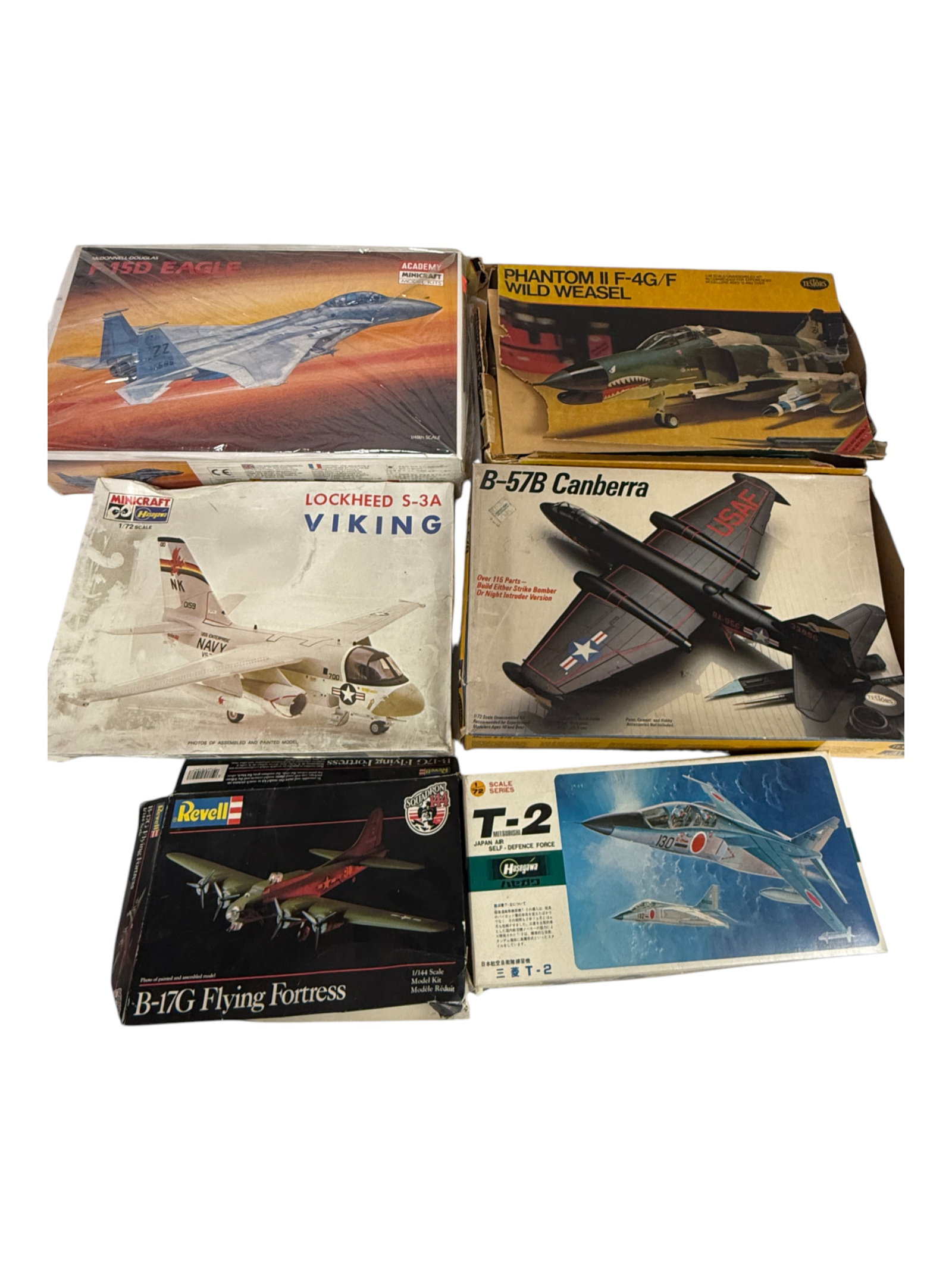 Vintage Model Airplane Lot: T-2,B-17G. B-57b, Pjantom II F-4G/F, Lockheed S-3A Viking, F-15SD Eagle As-is with box