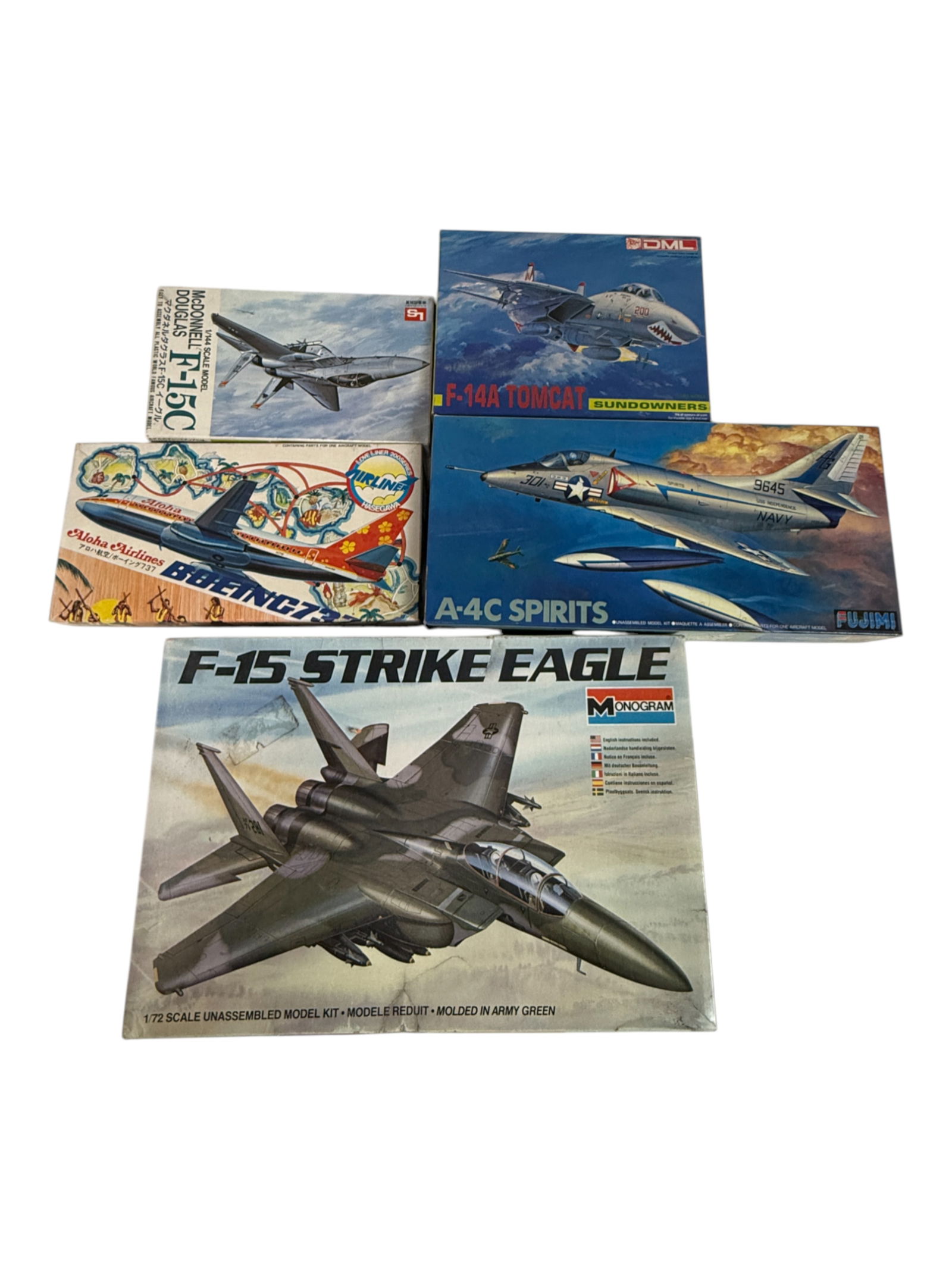 Vintage Model Airplane Lot.: A-4C Spirits,F-14A Tomcat, Aloha Airlines Boeing 737, F-15C, F-15 as is with Box