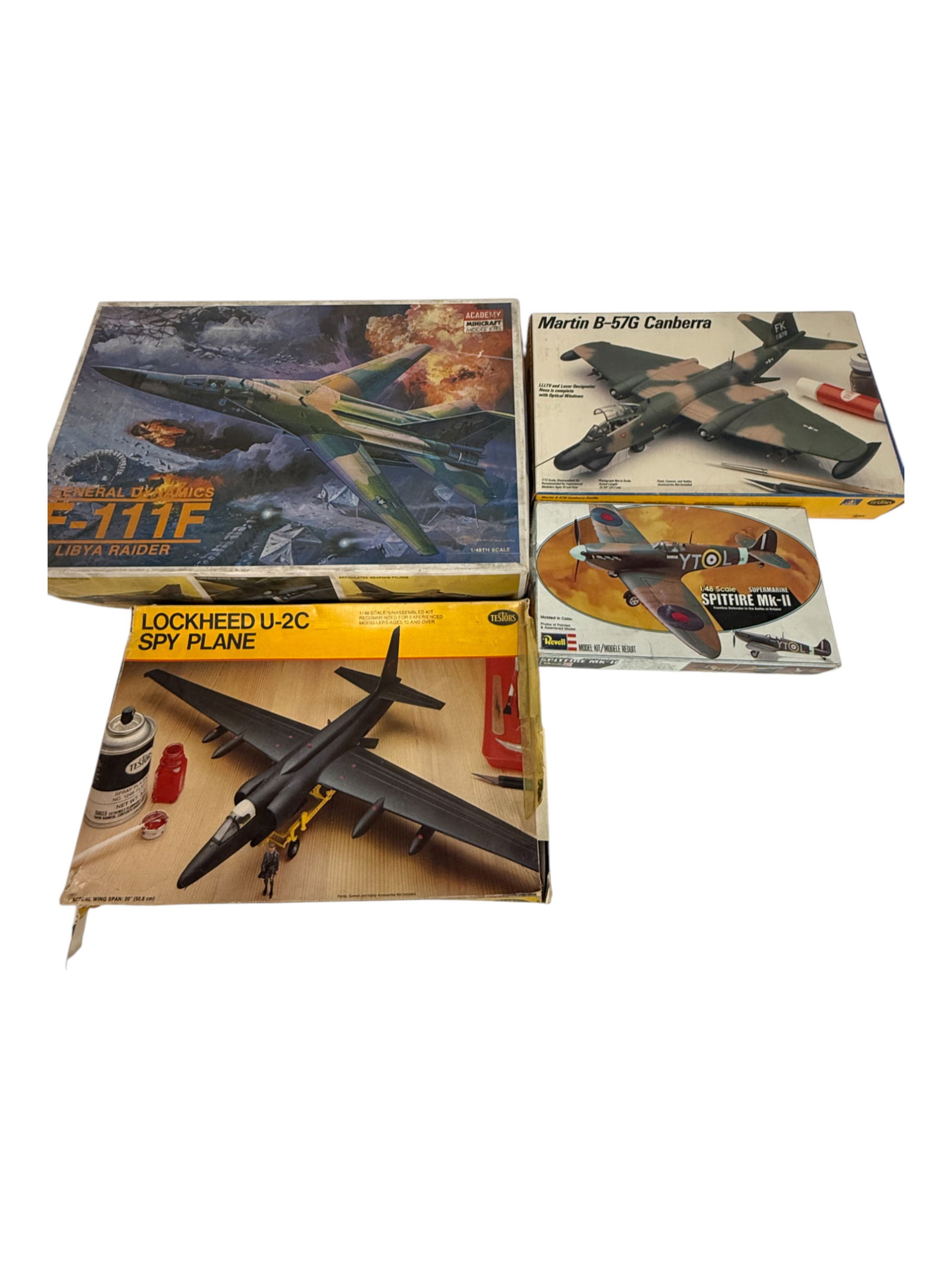Vintage Model Airplane Lot.: Lockheed U-2C,Mrtin B-57G Canberra, F-111F, Spitfire Mk-II as-is with box