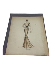 Vintage 1920s Couture high Fashion Art Sketch signed Rabbit Ears by Ruth Ruth