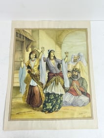 Vintage Painting Oil on Paper Egyptian Dancing Girls at Rosetta Prissed Ave 1848 Signed Hanuman