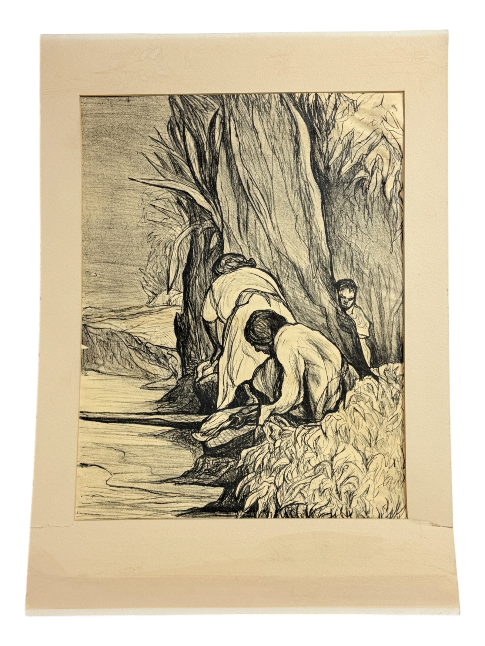 Painting Pablo Esteban O'Higgins Charcoal on Paper Women at River: Painting Pablo Esteban O'Higgins 1904-1983 American-Mexican Artist Charcoal on Paper Women at River size with matting 16.5 x23 inches