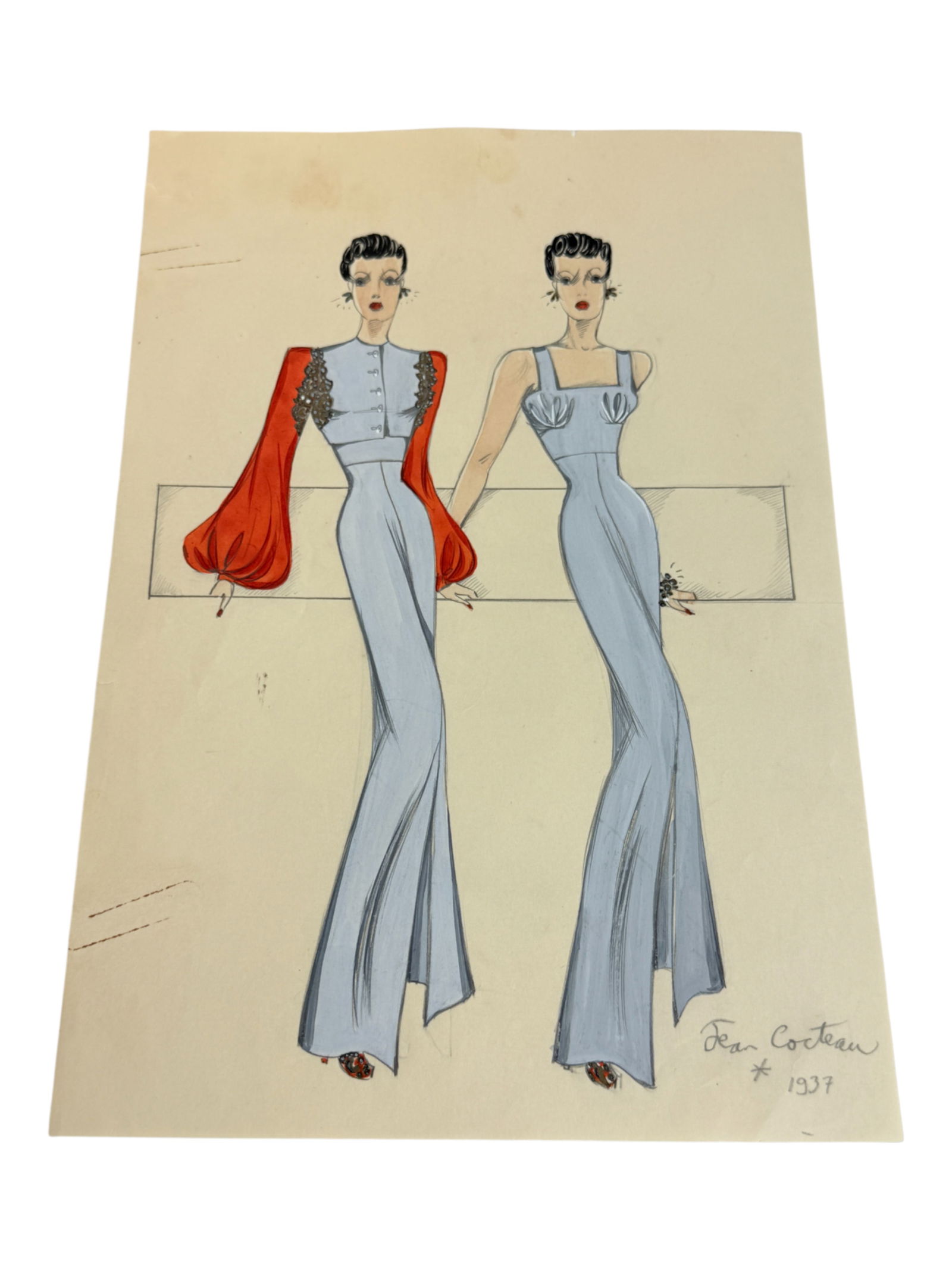 Painted Sketch High Fashion Hollywood Costume Signed Jean Cocteau: Painted Sketch High Fashion Hollywood Costume Signed Jean Cocteau 1937 Jean was a French film director Visual Artist 1889-1963 size 10.5 x 7.25