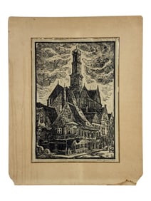 German Woodcut Architectural Cityscape Expressionist 1939