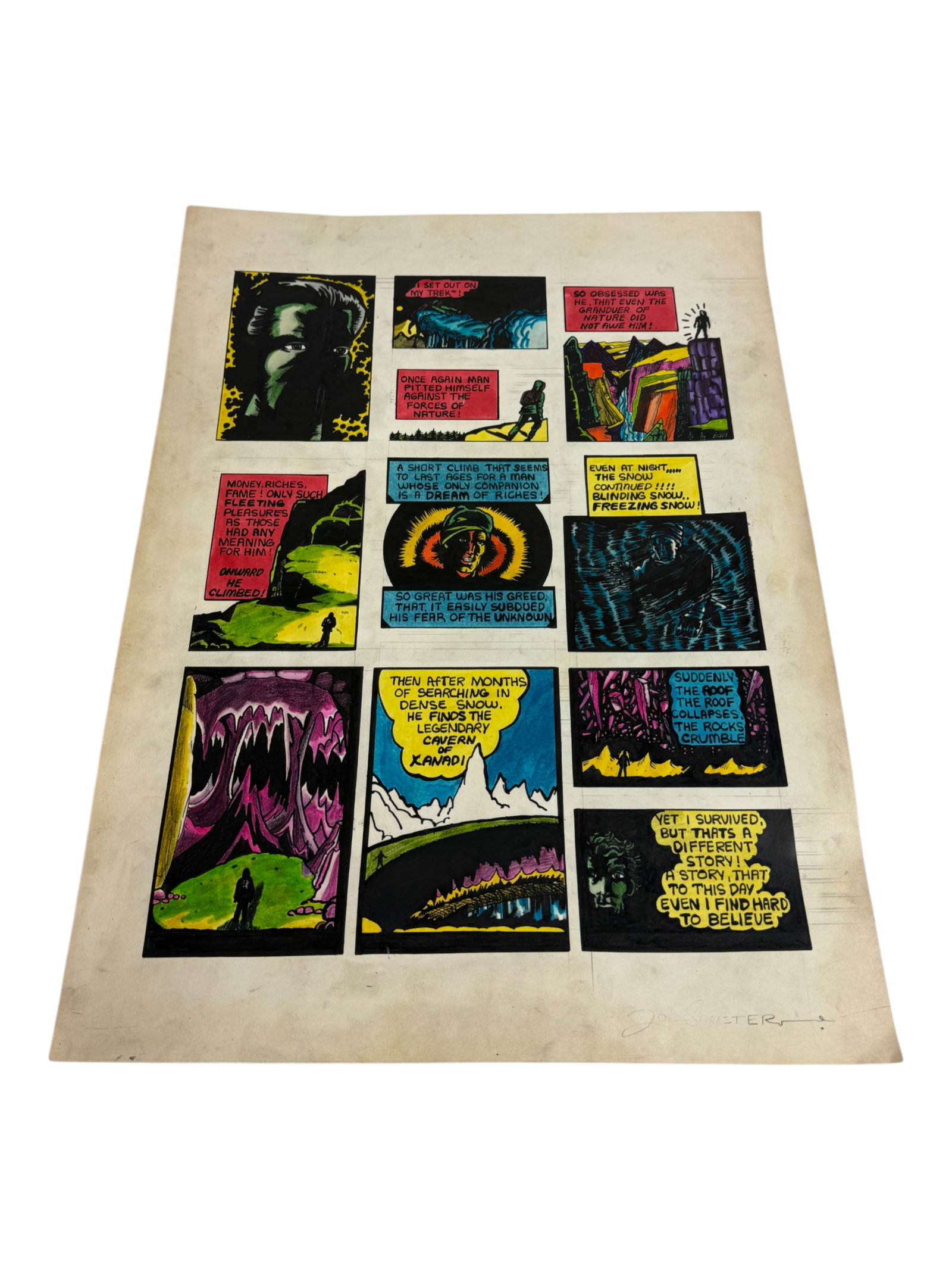 Joe Shuster Illustration Art Story Board Colored Signed: Joe Shuster Comic Book Illustration Art StoryBoard Colored Signed 20" x 15"