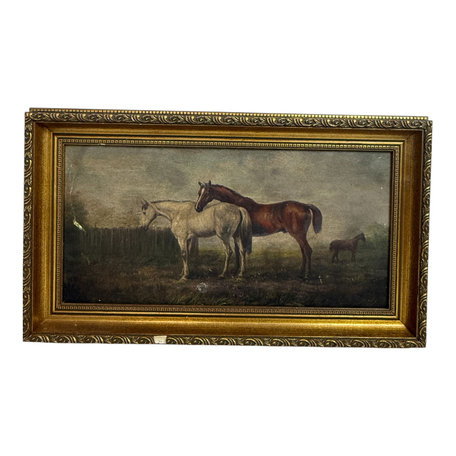 Antique Painting Oil on Borad Horses in Meadow Folk Art