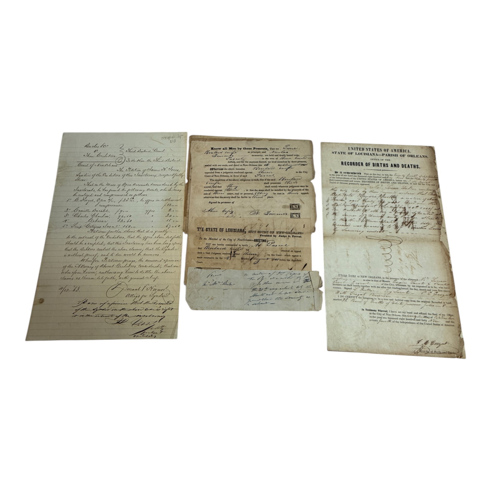 Antique Ephemera 19th Century Lot State of LA Orleans Court Papers: Antique Ephemera 19th Century Lot State of LA Orleans Court Papers