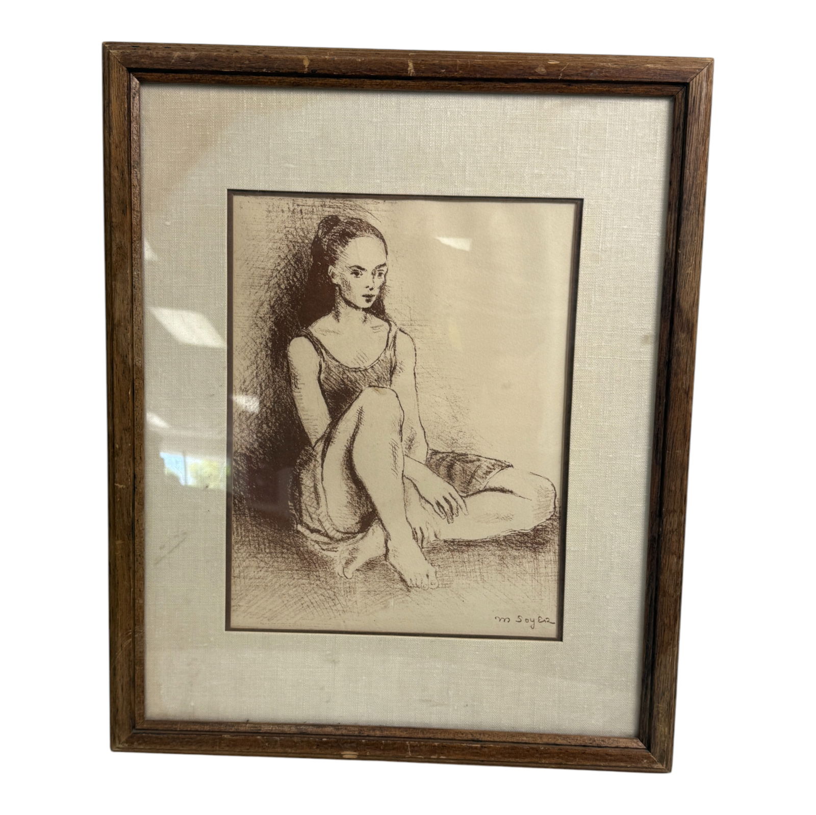 Vintage Lithograph by Moses Soyer Young Girl Rests: Vintage Lithograph by Moses Soyer 1899-1974 Young Girl Rests has Authentication on Back Size 16 x 19.25 in
